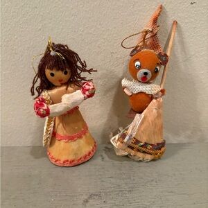 Two VTG Japan Straw Girl And Bear Ornaments